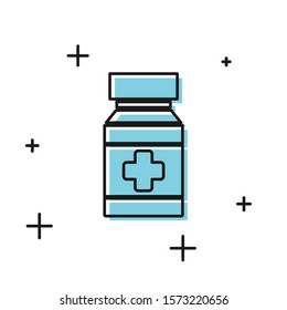 Black Dog medicine bottle and pills icon isolated on white background. Container with pills. Prescription medicine for animal.  Vector Illustration