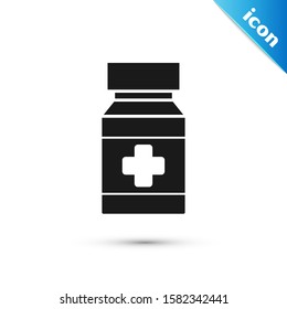 Black Dog medicine bottle and pills icon isolated on white background. Container with pills. Prescription medicine for animal.  Vector Illustration