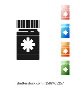 Black Dog medicine bottle and pills icon isolated on white background. Container with pills. Prescription medicine for animal. Set icons colorful. Vector Illustration