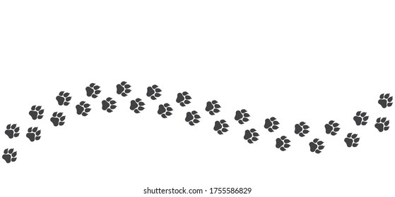 Black dog paw path isolated on white background. The curved vector path of cat foot prints. The kitten walked through the white snow