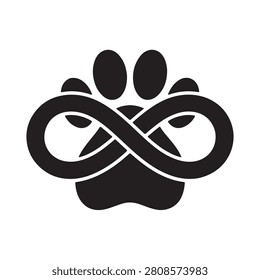 A black dog paw print seamlessly integrated with an infinity symbol. This minimalist the eternal bond between humans and their pets, isolated on a white background.