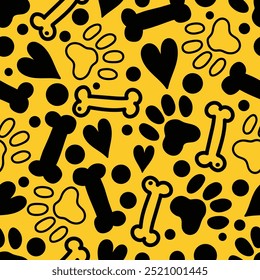Black dog paw  silhouette with bones and  heart seamless pattern. Good for textile paper print, card, poster, another design. 