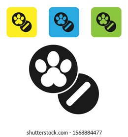 Black Dog and pills icon isolated on white background. Prescription medicine for animal. Set icons colorful square buttons. Vector Illustration