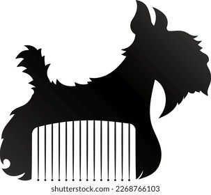 Black dog silhouette in the form of a comb of a groomer. Animal care grooming and washing