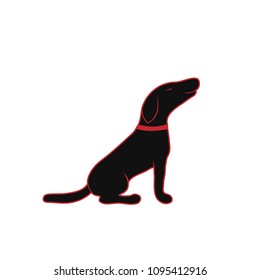 Black dog silhouette with red contour - sitting on its legs. Dog logo - vector illustration