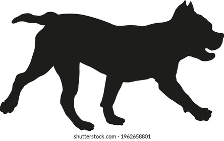 Black Dog Silhouette. Running American Bully Puppy. Isolated On A White Background. Vector Illustration.