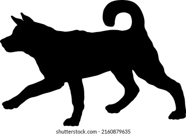 Black dog silhouette. Running american akita puppy. Pet animals. Isolated on a white background. Vector illustration.