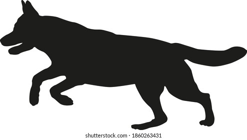 Black dog silhouette. Running german shepherd dog. Isolated on a white background. Vector illustration.