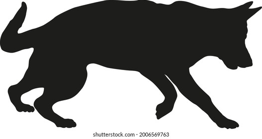 Black dog silhouette. Running german shepherd dog puppy. Pet animals. Isolated on a white background. Vector illustration.