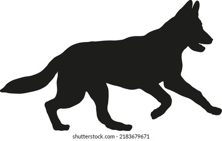 Black dog silhouette. Running and jumping east european shepherd puppy. Pet animals. Isolated on a white background. Vector illustration.