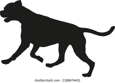 Black dog silhouette. Running and jumping german boxer puppy. Pet animals. Isolated on a white background. Vector illustration.