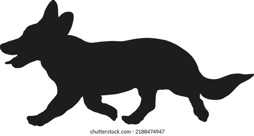 Black dog silhouette. Running pembroke welsh corgi puppy. Pet animals. Isolated on a white background. Vector illustration.