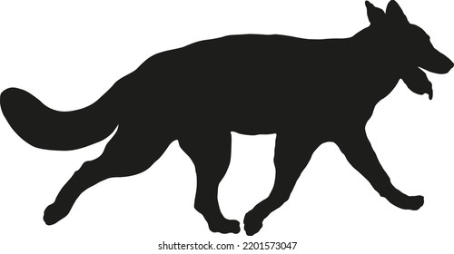 Black dog silhouette. Running white swiss shepherd dog puppy. Pet animals. Isolated on a white background. Vector illustration.