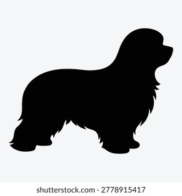 Black dog silhouette side view featuring long fur and curly tail breed specific shape for pet care branding and logos.