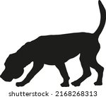 Black dog silhouette. Walking and snifiing english beagle puppy. Pet animals. Isolated on a white background. Vector illustration.