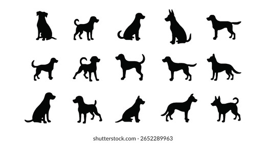 Black Dog Silhouettes for Pet Vector Art and Graphic Elements, Monochrome Dog Silhouette Set for Branding and Design Use