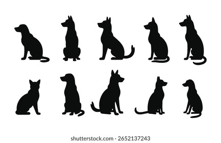 Black Dog Sitting Silhouettes Collection for Animal Art and Icons, Simple Dog Silhouette Shapes in Sitting Pose for Print and Web Use