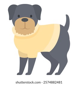 Black dog is standing while wearing a yellow sweater