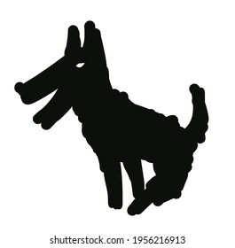 Black Dog Terrier Wolf Animal Silhouette Sitting Down Happily Wagging His Tail. Pet Puppy Happy Doggie. Contour Illustration Stylized Kids Drawing. A Man's Best Friend. Symbolic Metaphorical Motif. 