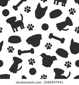 Black Dogs Silhouette Pattern - Messy Silhouettes of Dogs, Dog Food, Bones, Balls and Footprints. Seamless Link.