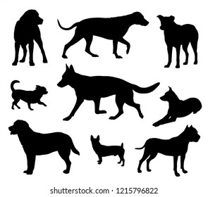 black dogs silhouettes isolated on white background