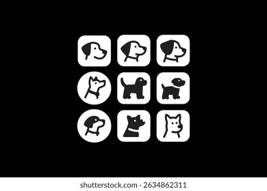 Black dogs vector icons set with a white background in a solid black background.	