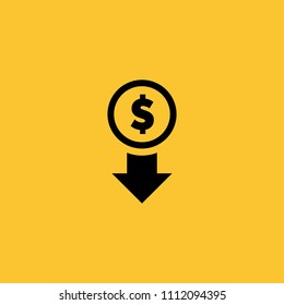 Black Dollar Down Icon on Yellow Background