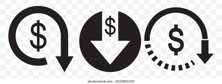 Schwarzer Dollar nach unten Symbol Vektor auf transparentem Hintergrund. Kostenreduzierung, Vektorsymbol-Konzepte EPS 10.