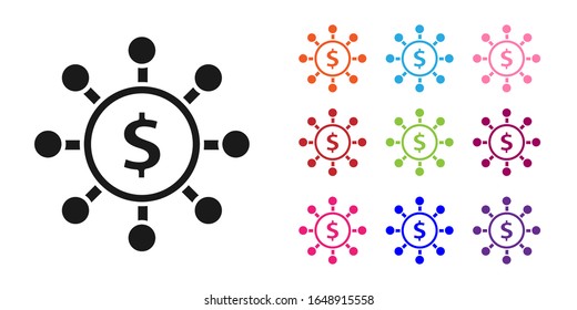 Dólar negro, compartir, icono de red aislado en fondo blanco. Establecer iconos coloridos.  Ilustración vectorial