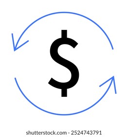 Black dollar sign in the center with two blue arrows forming a circle around it. Ideal for business, finance, payment, transactions, and economics. Simple and clean style