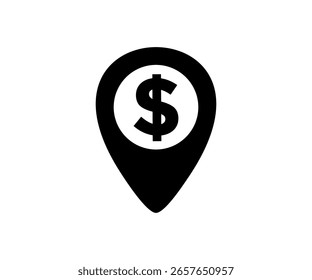Black dollar sign icon inside geolocation point. Location pin with dollar sign in the center vector design and illustration.
