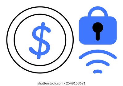 Black dollar sign inside a circle alongside a blue lock with a wireless symbol. Ideal for finance, cyber security, banking, technology, online transactions. Simplistic vector style