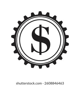 A black dollar sign ($) inside a gear-like circular border, symbolizing the intersection of finance, industry, and economic mechanics