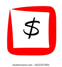 Un signo de dólar negro ($) dentro de un marco cuadrado rojo con un fondo blanco, que representa el concepto de dinero, finanzas y transacciones en un estilo minimalista.