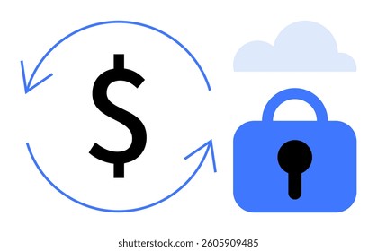 A black dollar sign surrounded by circular arrows next to a blue padlock with a cloud in the background. Ideal for financial security, cloud storage, secure transactions, data protection, online