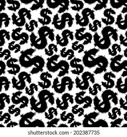 Black dollar signs seamless pattern, black and white geometric contemporary style repeating vector background, best for use as web backgrounds and wallpapers.