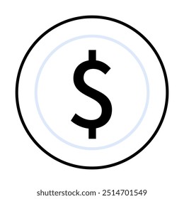 Um símbolo de dólar preto é centralizado em um círculo com duas linhas e fundo branco. Ideal para temas financeiros, bancários, monetários, econômicos e orçamentários.