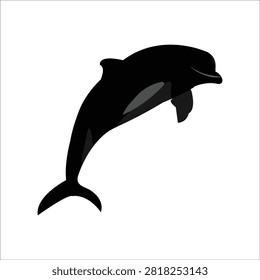A black dolphin silhouette is shown jumping out of the water against a clean white background, a simple marine illustration.