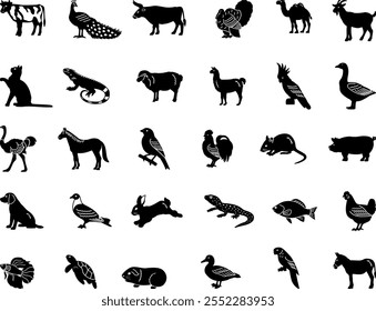 Black Domestic Animals Icons. Vector Illustrations Cow, Peacock, Bull, Turkey, Camel, Goat, Cat, Iguana, Sheep, Llama, Parrot, Goose, Ostrich, Horse, Rabbit, Mouse, Pig and Others