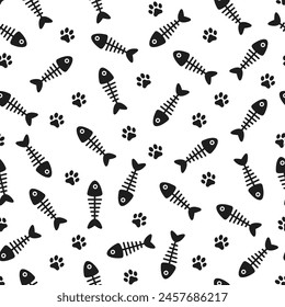 Black domestic pet's paws prints and fish bones on white background. Vector seamless pattern.