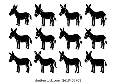 Grupo de coleta de animais de conjunto de silhuetas de burro preto