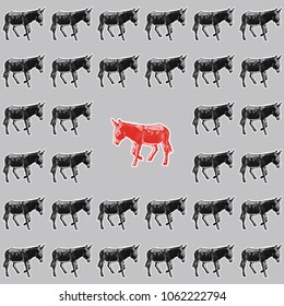 Black donkeys around red one. Vector seamless pattern background.
Template illustration of farm animals. Concept of stubbornness, uniqueness and originality.