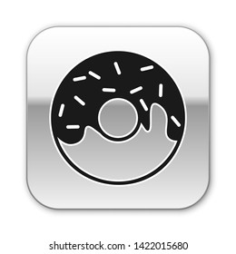 Black Donut with sweet glaze icon isolated on white background. Silver square button. Vector Illustration