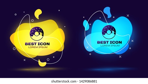 Black Donut with sweet glaze icon isolated on blue background. Set of liquid color abstract geometric shapes. Vector Illustration