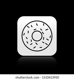 Black Donut with sweet glaze icon isolated on black background. Silver square button. Vector Illustration