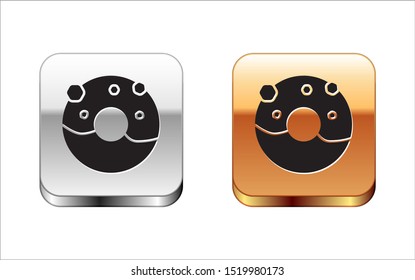 Black Donut with sweet glaze icon isolated on white background. Silver-gold square button. Vector Illustration