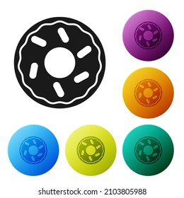 Black Donut with sweet glaze icon isolated on white background. Set icons in color circle buttons. Vector