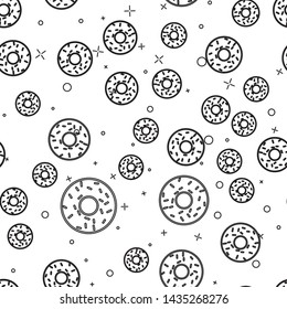 Black Donut with sweet glaze line icon isolated seamless pattern on white background. Vector Illustration