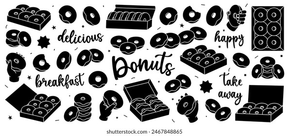 Schwarze Donuts Set. Glasierte Donuts mit Streuseln. Bäckerei süße Gebäck Essen. Handgezeichnete Elemente für Süßwarenmenü, Bäckerei-Shop.