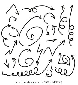 Black doodle arrows collection on white background. Pointer, arrow, cursor choosing icon. next web page symbol
